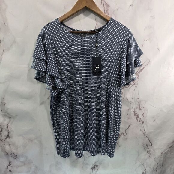 Adrianna Papell Shirt Womens XL Navy White Spot Dot Blouse Double Sleeve Ruffle - Picture 1 of 10